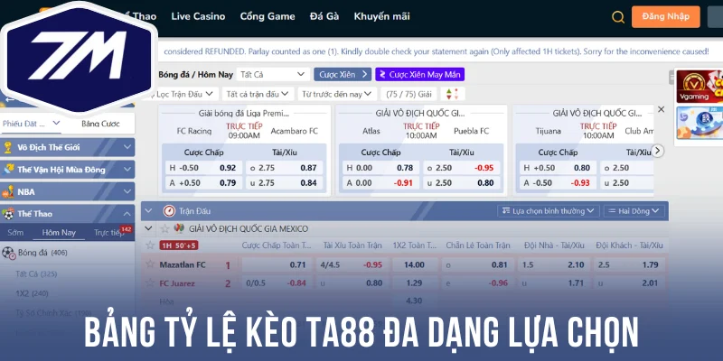Bảng tỷ lệ kèo Ta88 đa dạng lựa chọn