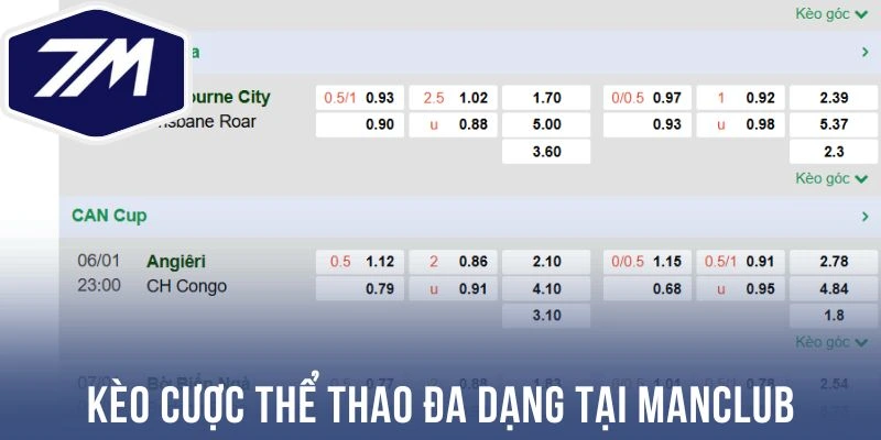 Kèo cược thể thao đa dạng tại Manclub